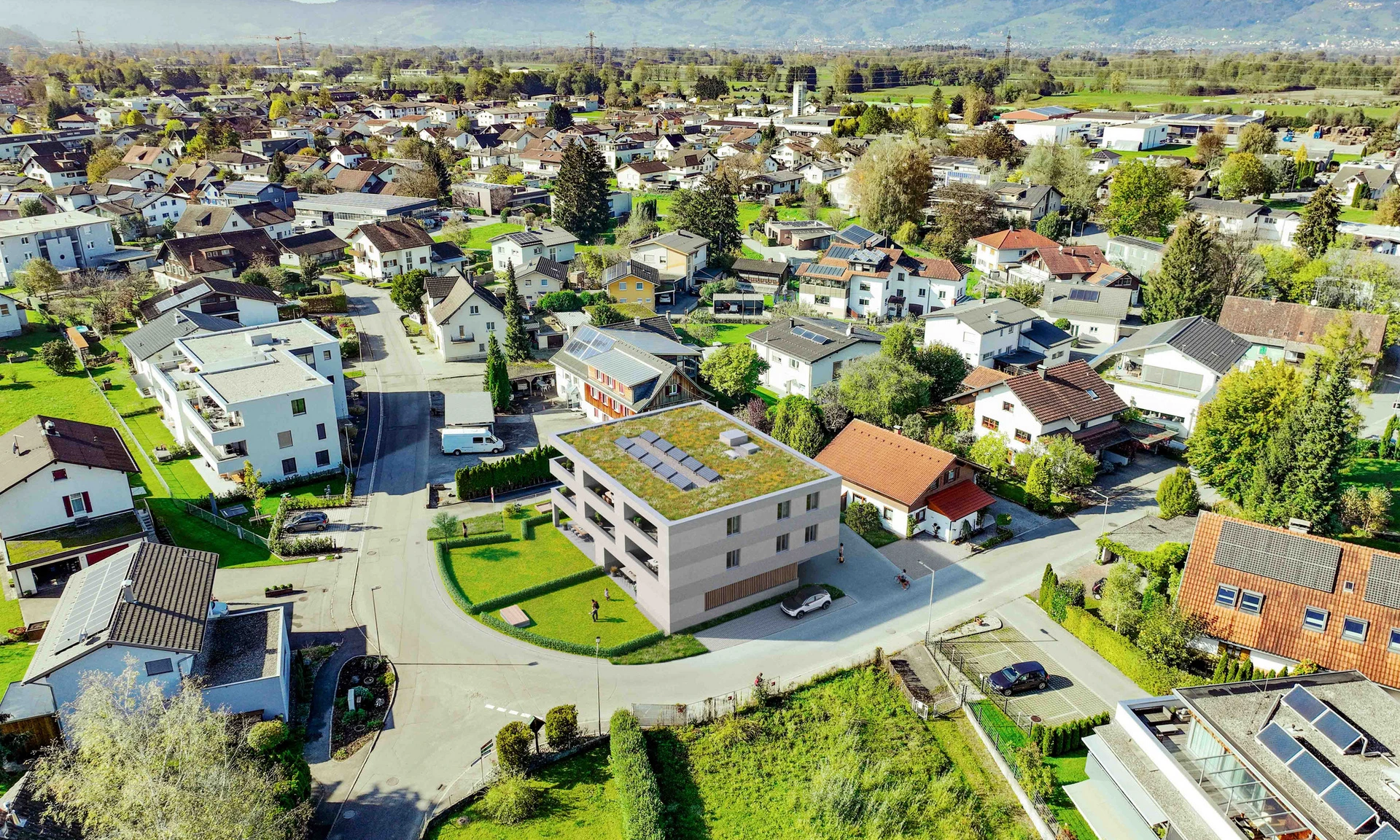 Visualisierung Luftbild einer geplanten Wohnanlage von Wilhelm+Mayer in Altach.