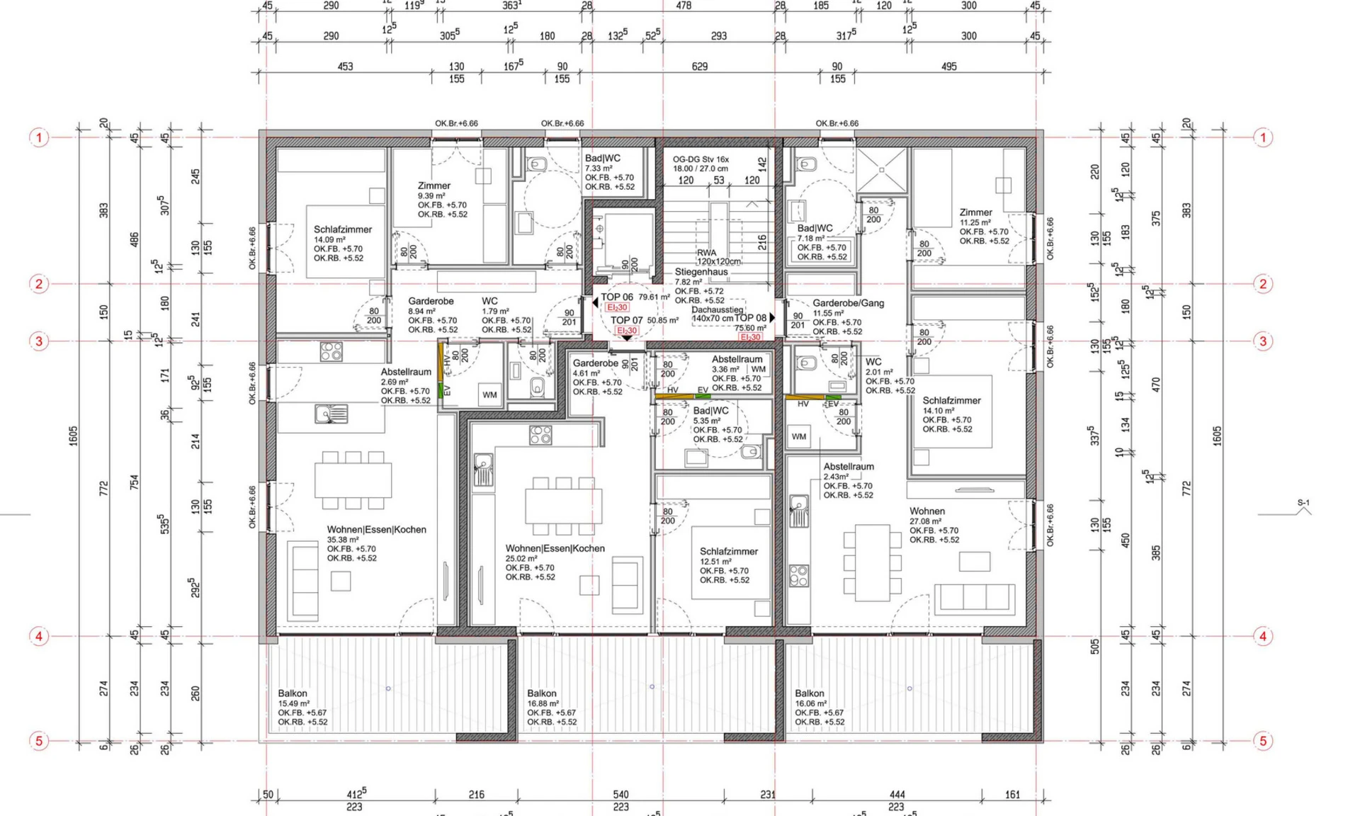 Pläne Grundriss Dachgeschoss einer geplanten Wohnanlage von Wilhelm+Mayer in Altach.