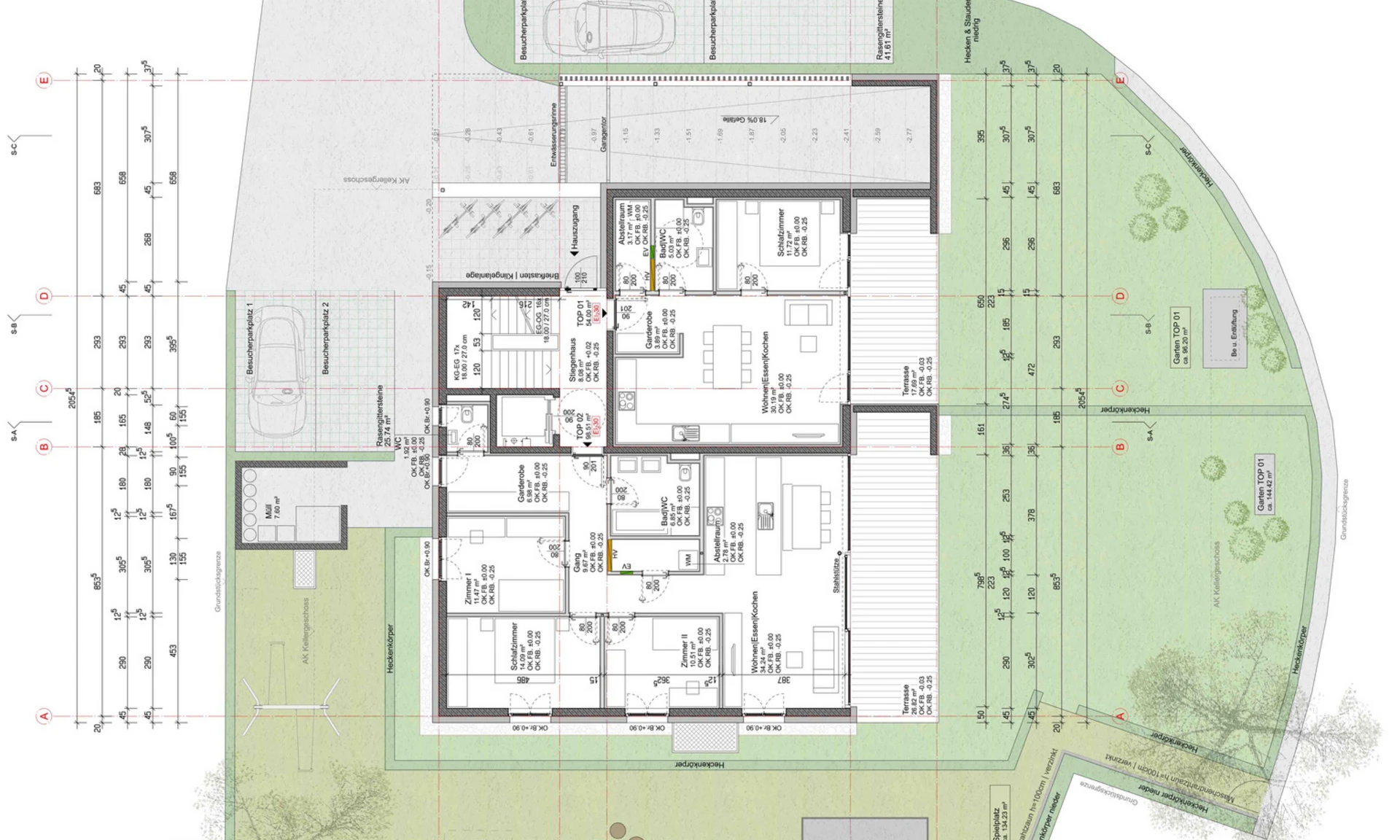 Pläne Grundriss Erdgeschoss einer geplanten Wohnanlage von Wilhelm+Mayer in Altach.