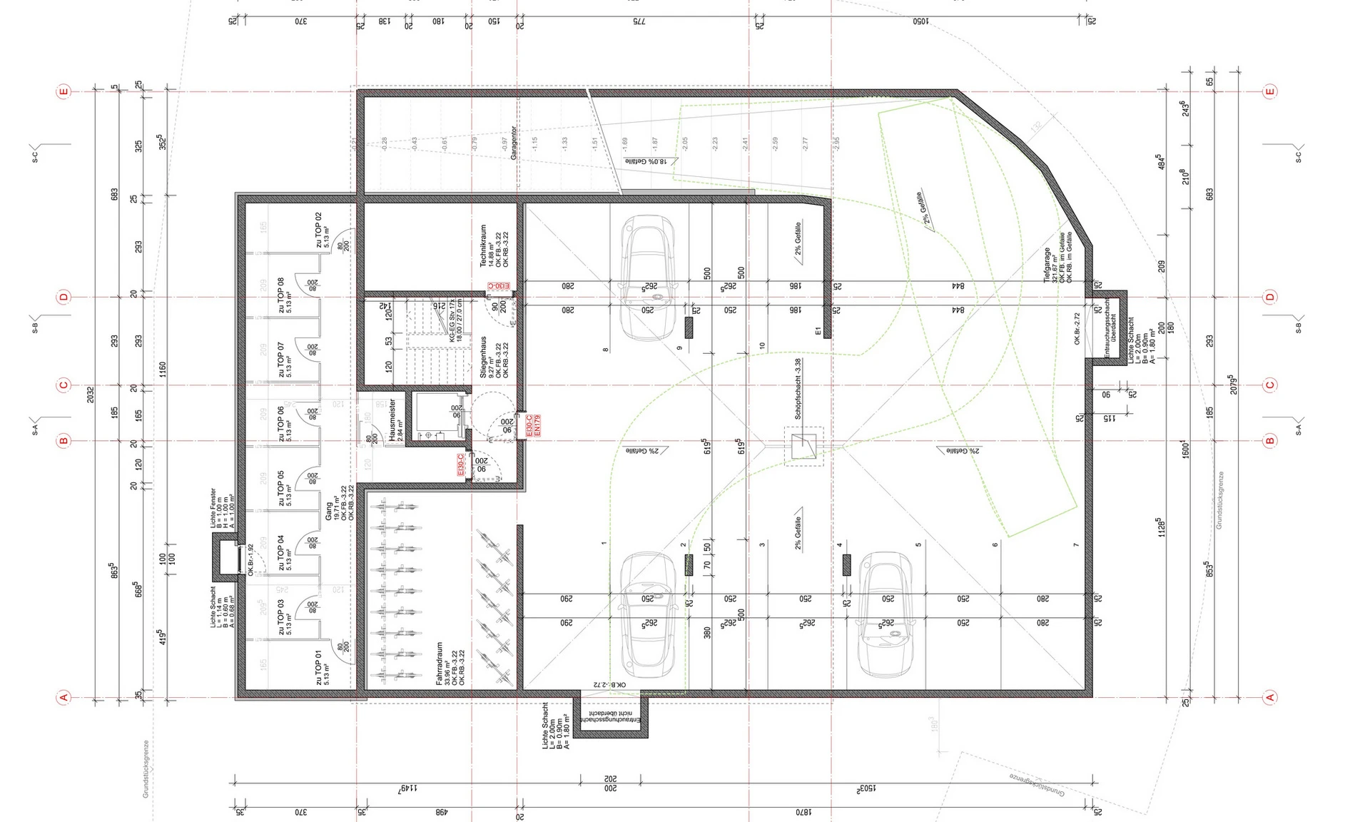 Pläne Grundriss Kellergeschoss einer geplanten Wohnanlage von Wilhelm+Mayer in Altach.