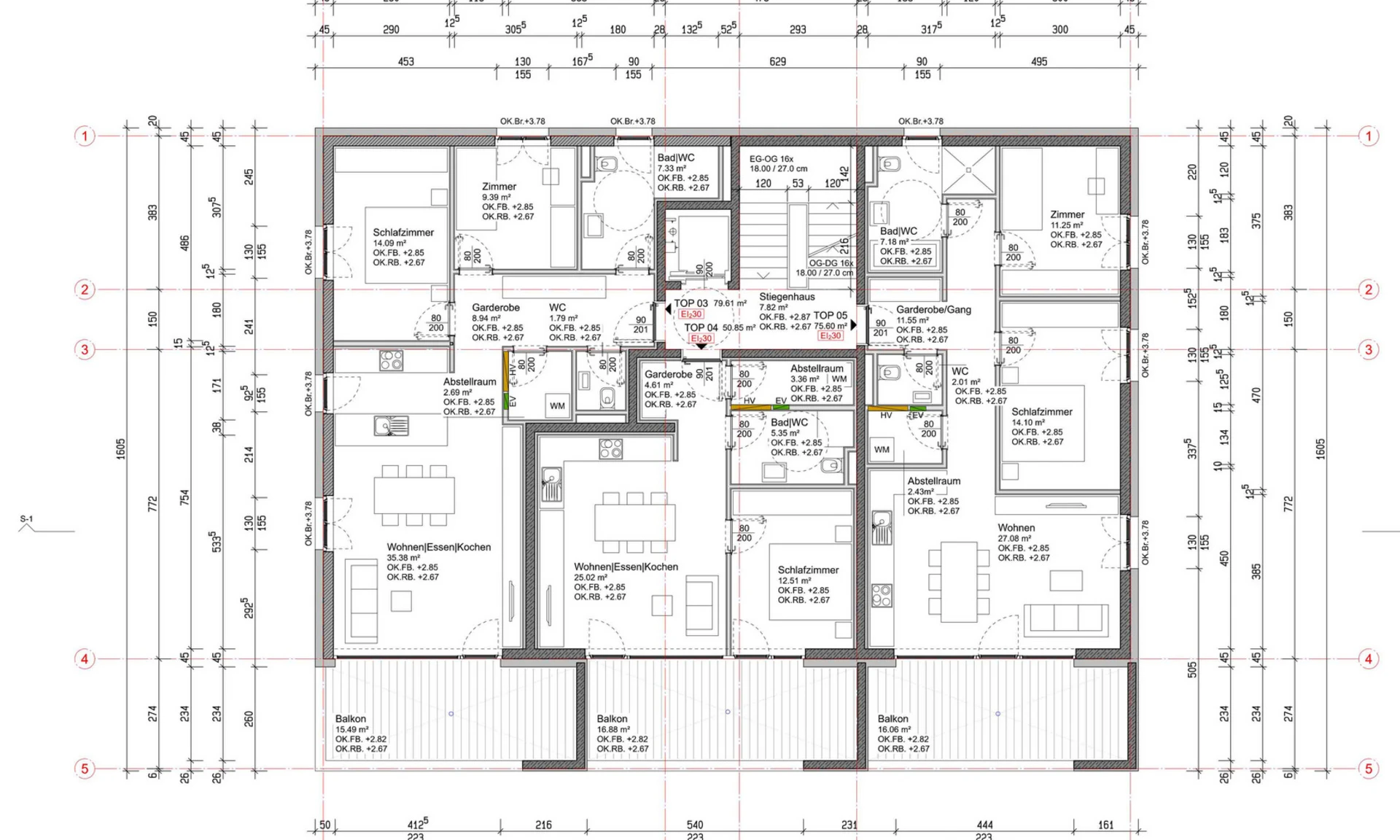 Pläne Grundriss Obergeschoss einer geplanten Wohnanlage von Wilhelm+Mayer in Altach.