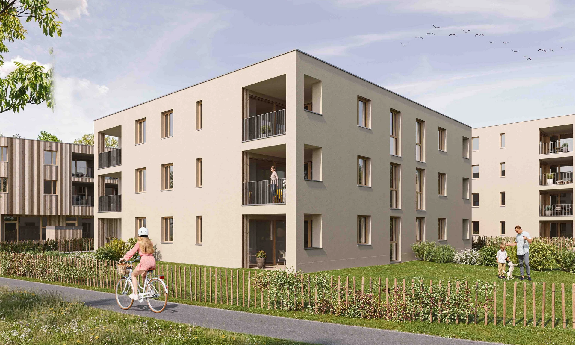 Außenansicht Gebäude Wohnquartier von WilhelmMayer für Investoren in Koblach, Kutzen.