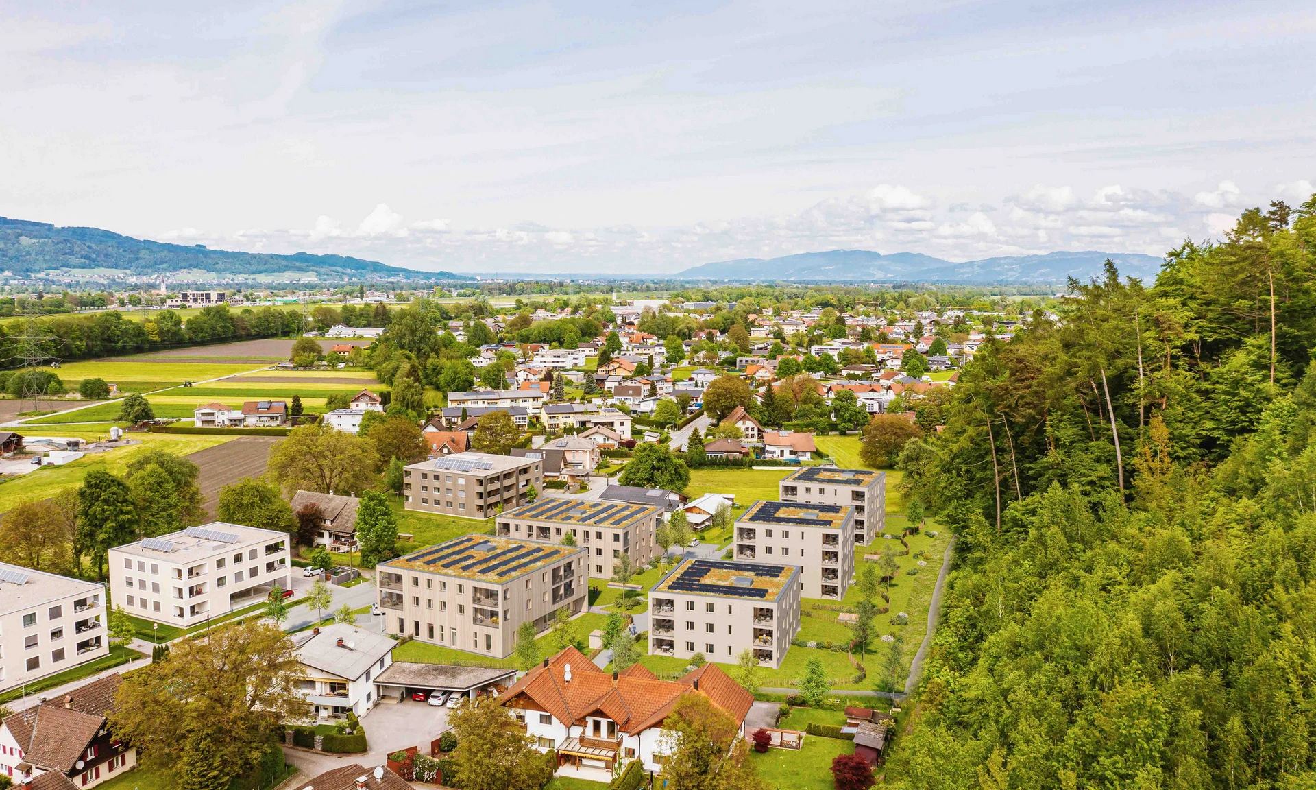 Luftaufnahmen Wohnanlage von WilhelmMayer für Investoren in Koblach, Kutzen.