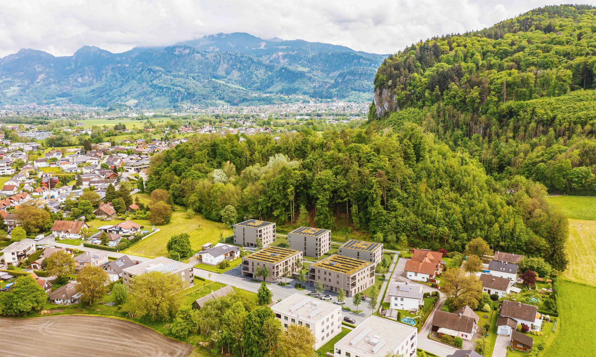 Luftaufnahmen Wohnquartier von WilhelmMayer für Investoren in Koblach, Kutzen.