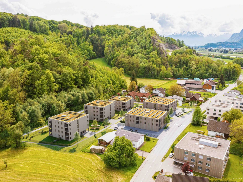 Luftaufnahmen Wohnprojekt von WilhelmMayer für Investoren in Koblach, Kutzen.